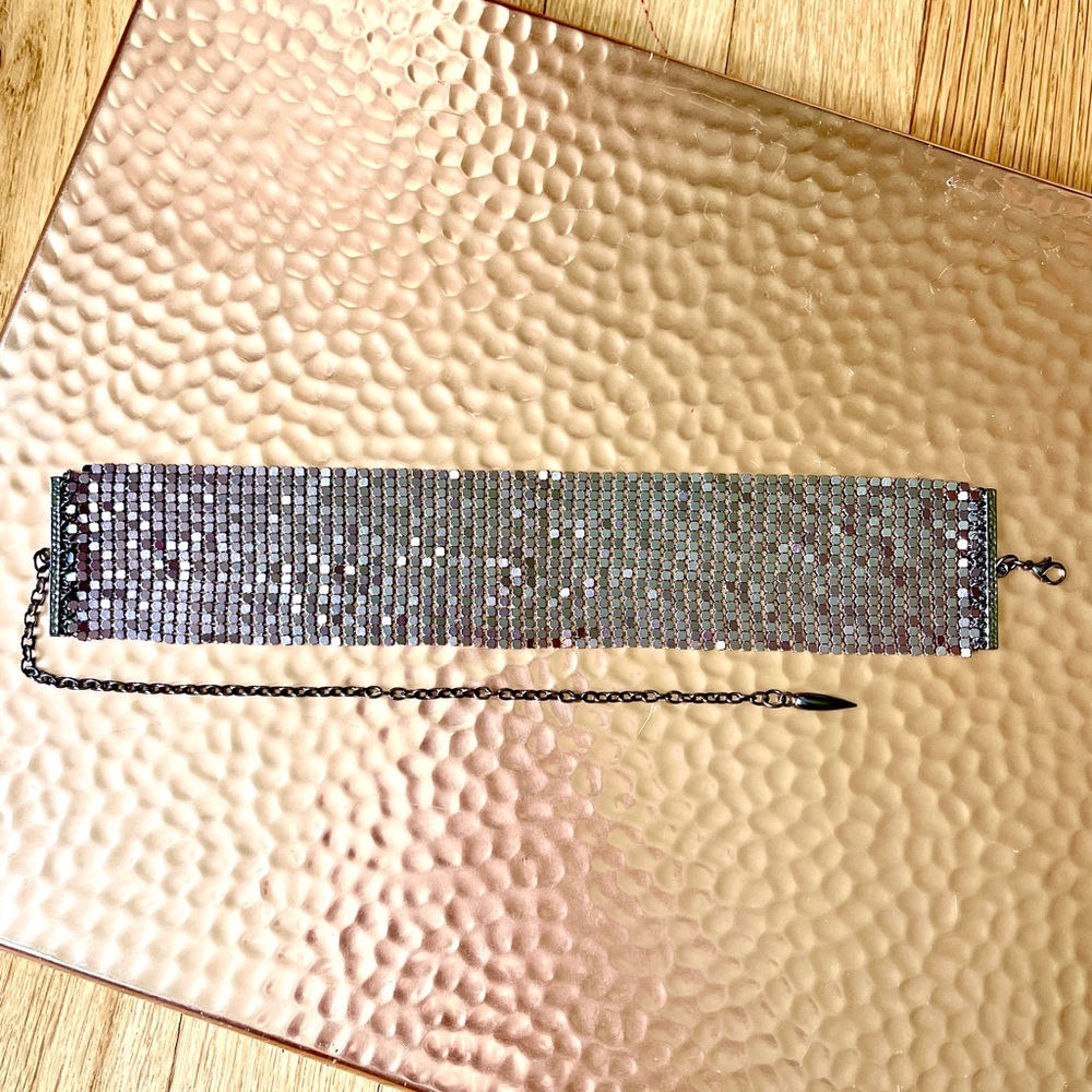PINK & GREEN HOLOGRAPHIC DUO CHROME GUNMETAL CHAINMAIL MESH THICK CHOKER GOTH - Picture 2 of 9